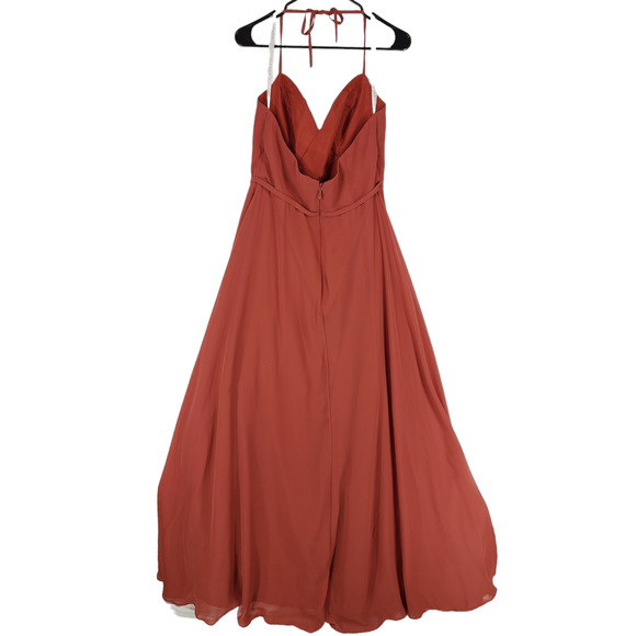 Azazie Halter Maxi Dress sz 10 Women Caramel Burnt Orange Front Slit Ruffle READ - Picture 2 of 12